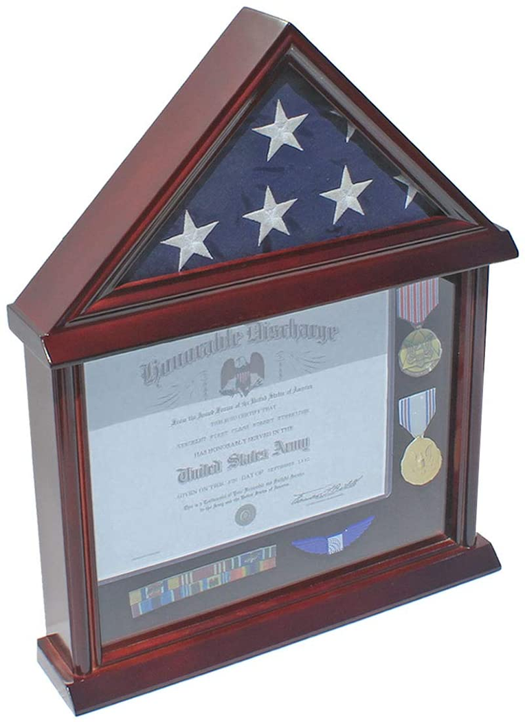 Flag Display Case Shadow Box Frame showcasing a 3' x 5' flown flag with awards and memorabilia inside, featuring a glass front and elegant design.