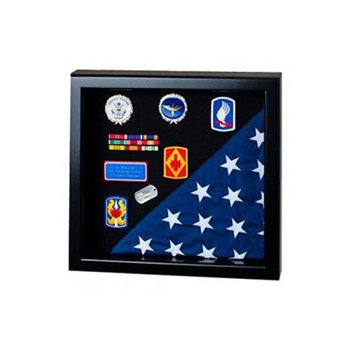 Elegant Flag Display Case showcasing a flag and military awards with a glass front and sturdy backing.