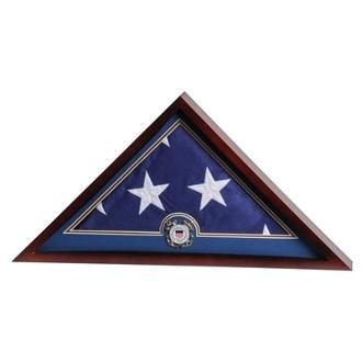 Elegant mahogany flag display case featuring a gold Coast Guard medallion, designed to honor military service.