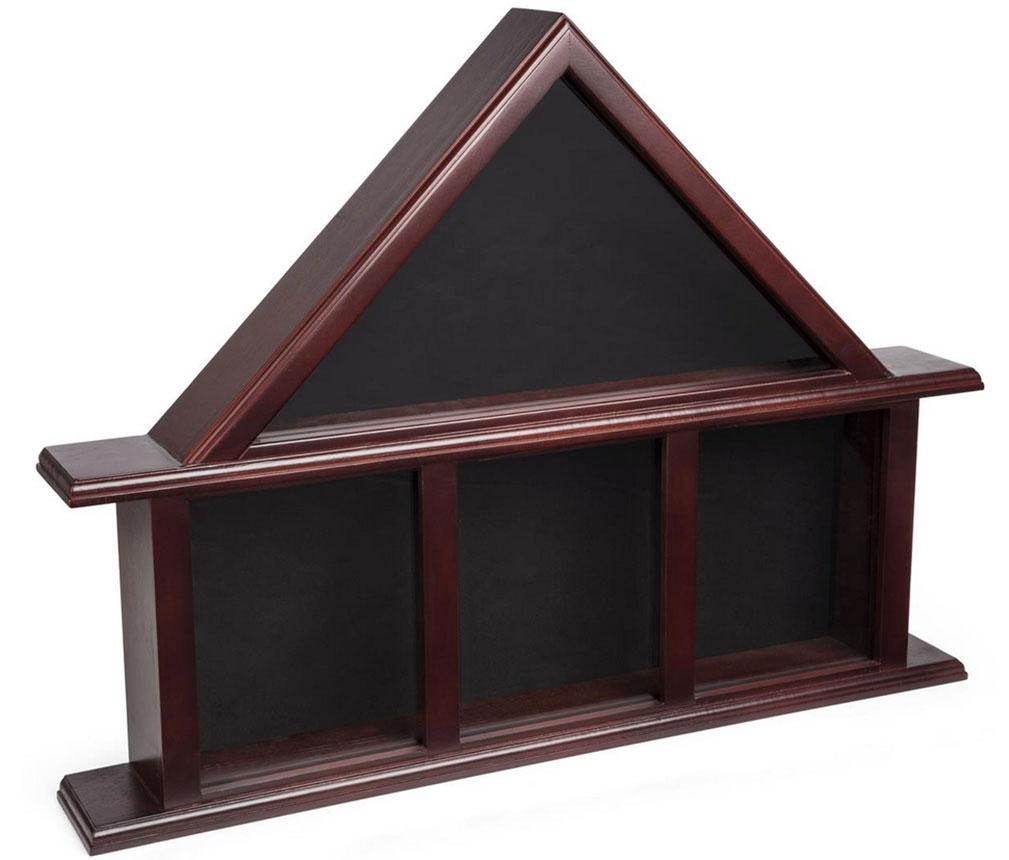 Flag display case with glass front showcasing a tri-fold flag and three medal boxes, elegantly designed with a mahogany finish.