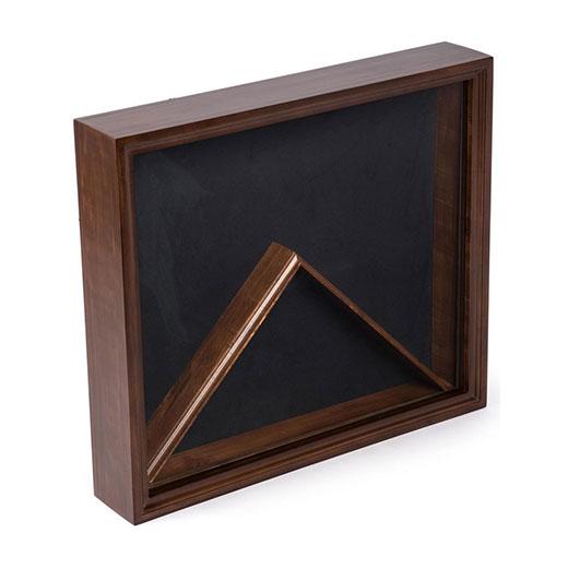 Elegant cherry wood flag display case with glass front and black velvet backing, showcasing military medals and memorabilia.