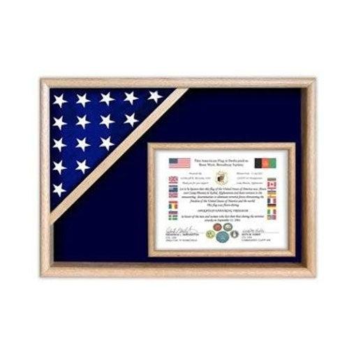 Elegant wooden flag display case designed for various flag sizes, showcasing a 3x5 flag.