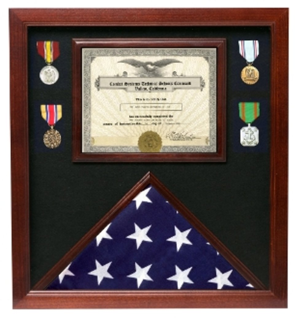 Elegant wooden flag and document display case made by veterans, showcasing a 3x5 flag and an 8.5x11 document.