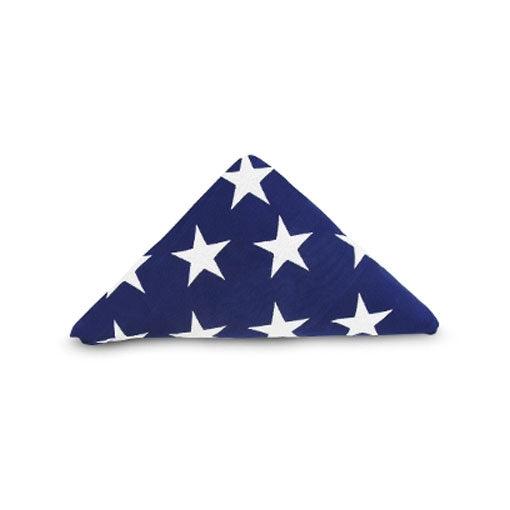 5ft x 9.5ft American cotton flag designed for display cases, featuring sewn stripes and embroidered stars.