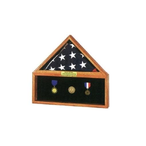 Flag Medal Display Case combo showcasing a folded flag and medals, crafted from walnut, cherry, and oak wood.