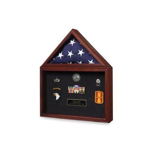 Flag Medal Display Case showcasing a 5' x 9.5' flag and military medals, available in Cherry and Oak finishes.
