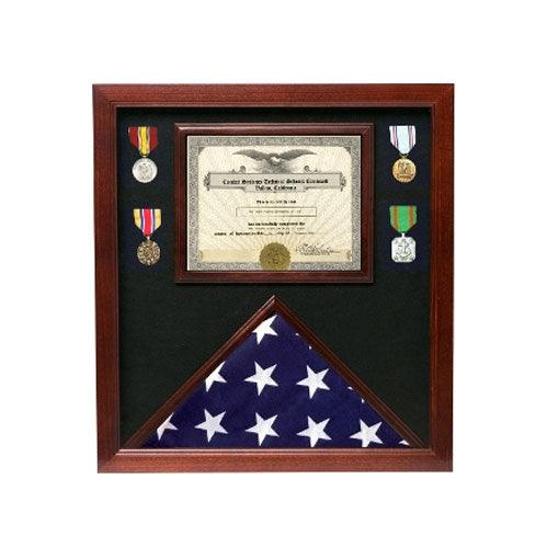 Elegant flag medal display case made from solid oak with a cherry stain, designed for displaying flags and medals.
