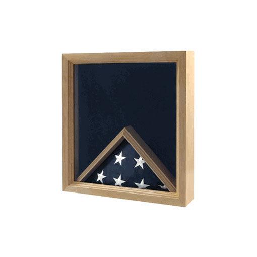 Elegant Flag Medal Display Case with oak finish, showcasing military medals and a folded flag.