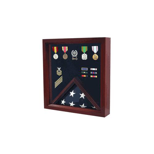 Elegant cherry wood Flag Medal Display Case showcasing a folded flag and medals, lined with black felt.