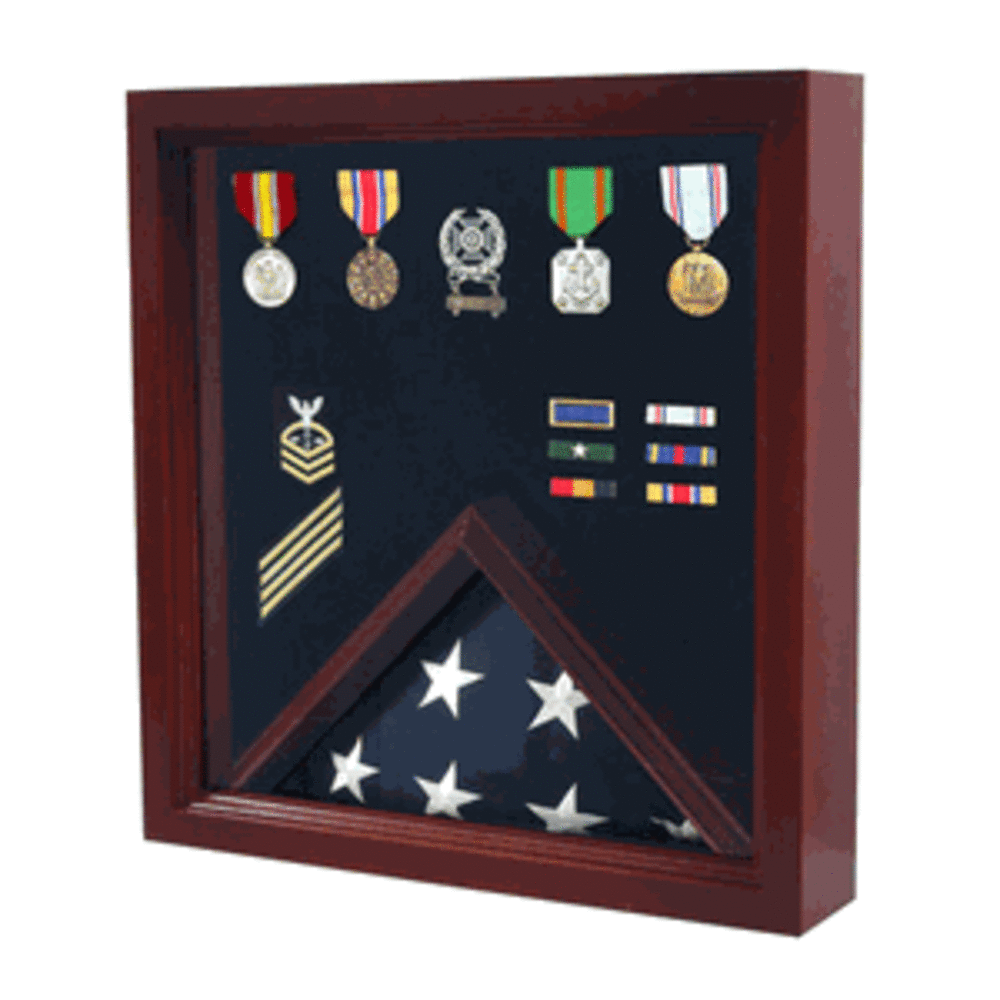 Elegant wooden flag and medal display case with cherry finish, showcasing medals and a folded flag.