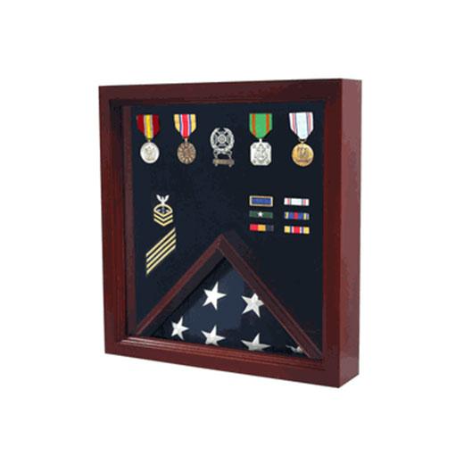 Elegant wooden Flag Medal Display Case with cherry finish, showcasing medals and a folded flag.