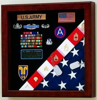 American Made Flag Medals Display Case in Queen Anne Cherry finish, showcasing a folded flag and medals.
