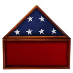 A large Flag Memorabilia Display Case with a red background, made of solid walnut, featuring a glass front and turn button closures.