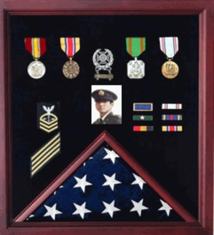 Elegant cherry wood Flag Photo and Badge Display Case with glass front, showcasing a folded flag and medals.
