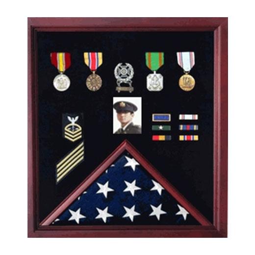 Cherry wood flag photo display case with badge display section, elegantly showcasing military commendations.