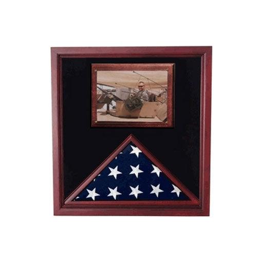 Elegant cherry wood flag photo display case holding a burial flag and a photo, showcasing a sophisticated design with Plexiglass front.