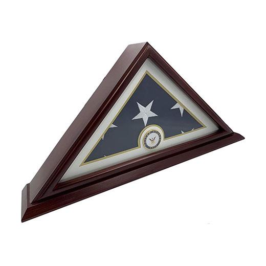 Elegant cherry wood display case for 5x9 burial flags with clear glass front.