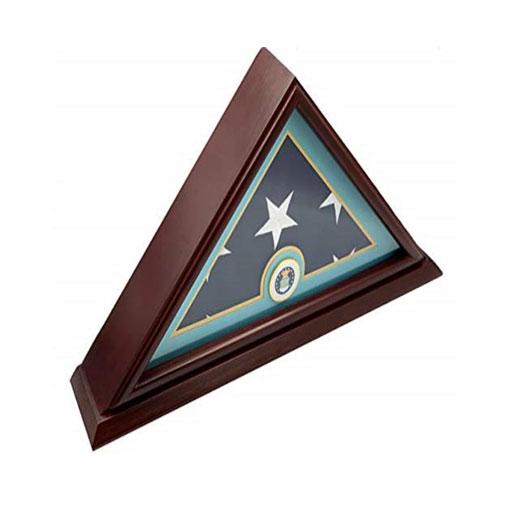 Elegant 5x9 burial flag display case with cherry wood finish and clear glass front, showcasing a folded flag.