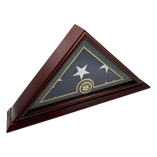 Elegant cherry wood flag display case with glass front, designed for 5x9 burial flags, showcasing craftsmanship and quality.