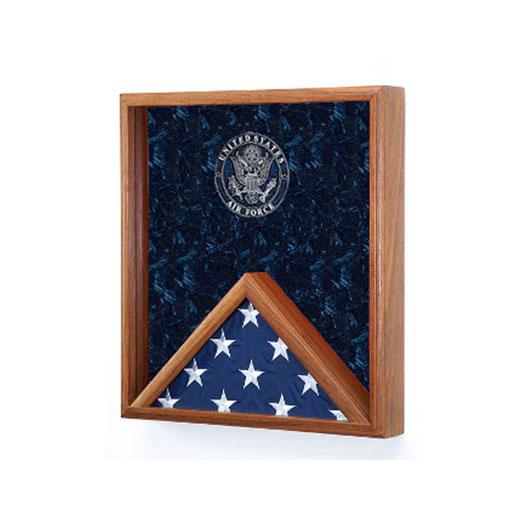 Air Force Flag Display Case made of solid oak, featuring a glass front and embossed service emblem, designed to hold a 3x5 flag.