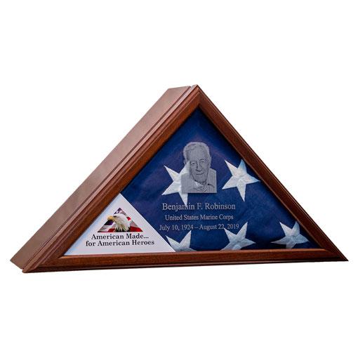 Handcrafted Eternity Flag Case and Urn Combo made from solid American hardwood, featuring a hinged lid and beveled glass front.