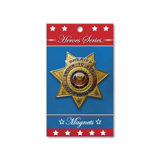 Gold-plated Sheriff Medallion Large Magnet from Flags Connections, showcasing a smooth back for mounting and engraving, honoring armed forces and first responders.