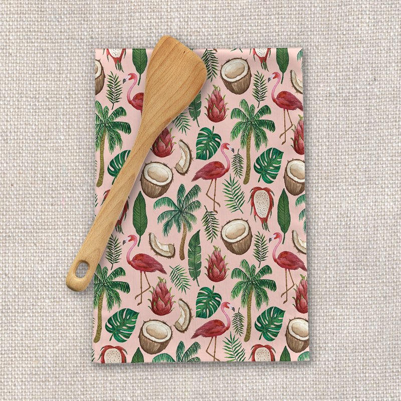 Flamingo and Coconut Tea Towel featuring a vibrant tropical design on cotton twill fabric, perfect for kitchen use.