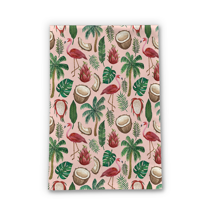 Flamingo and Coconut Tea Towel featuring a vibrant tropical design on cotton twill fabric, perfect for kitchen use.
