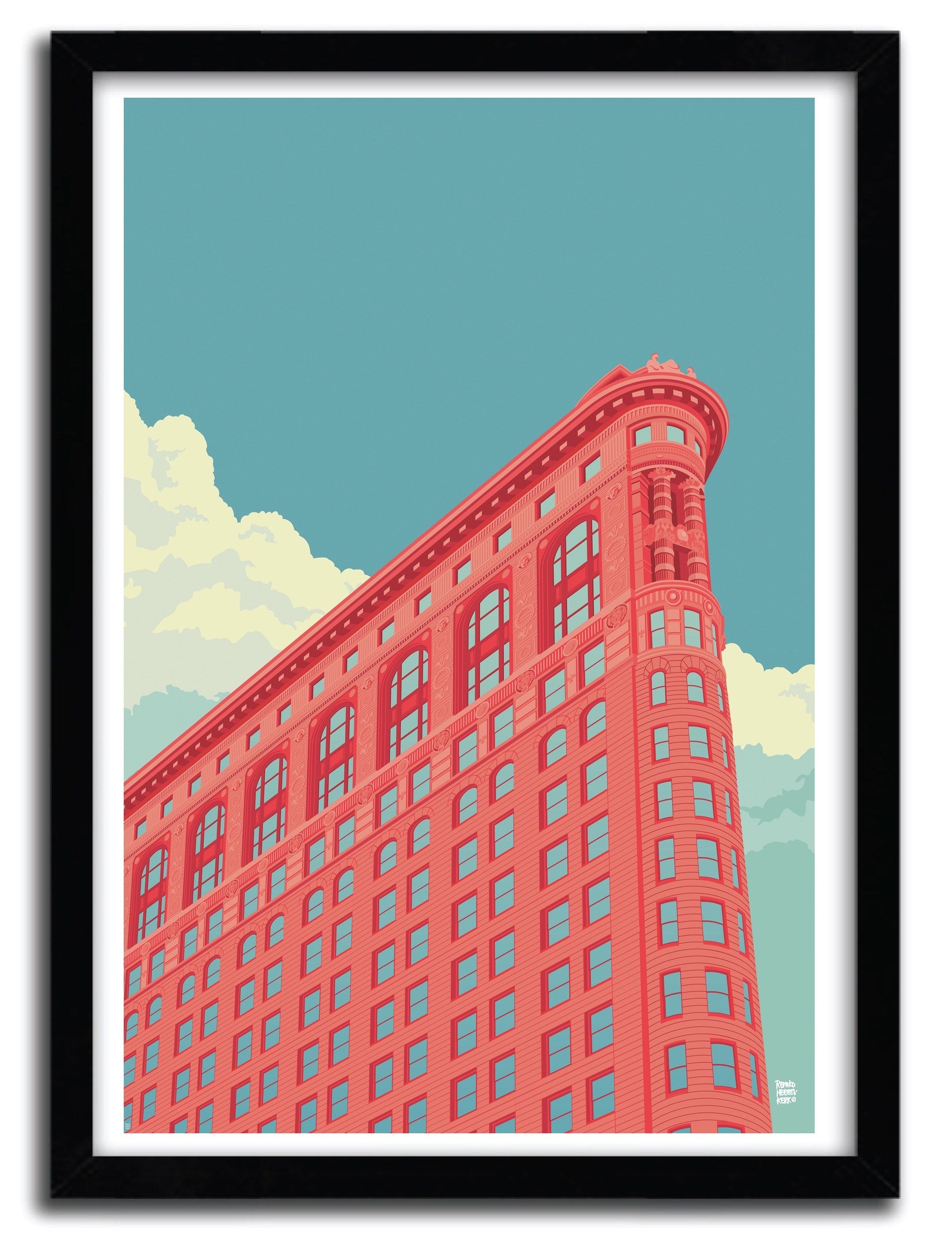 Flatiron Building New York print by Remko Heemskerk on fine arts paper, showcasing vibrant colors and intricate details.
