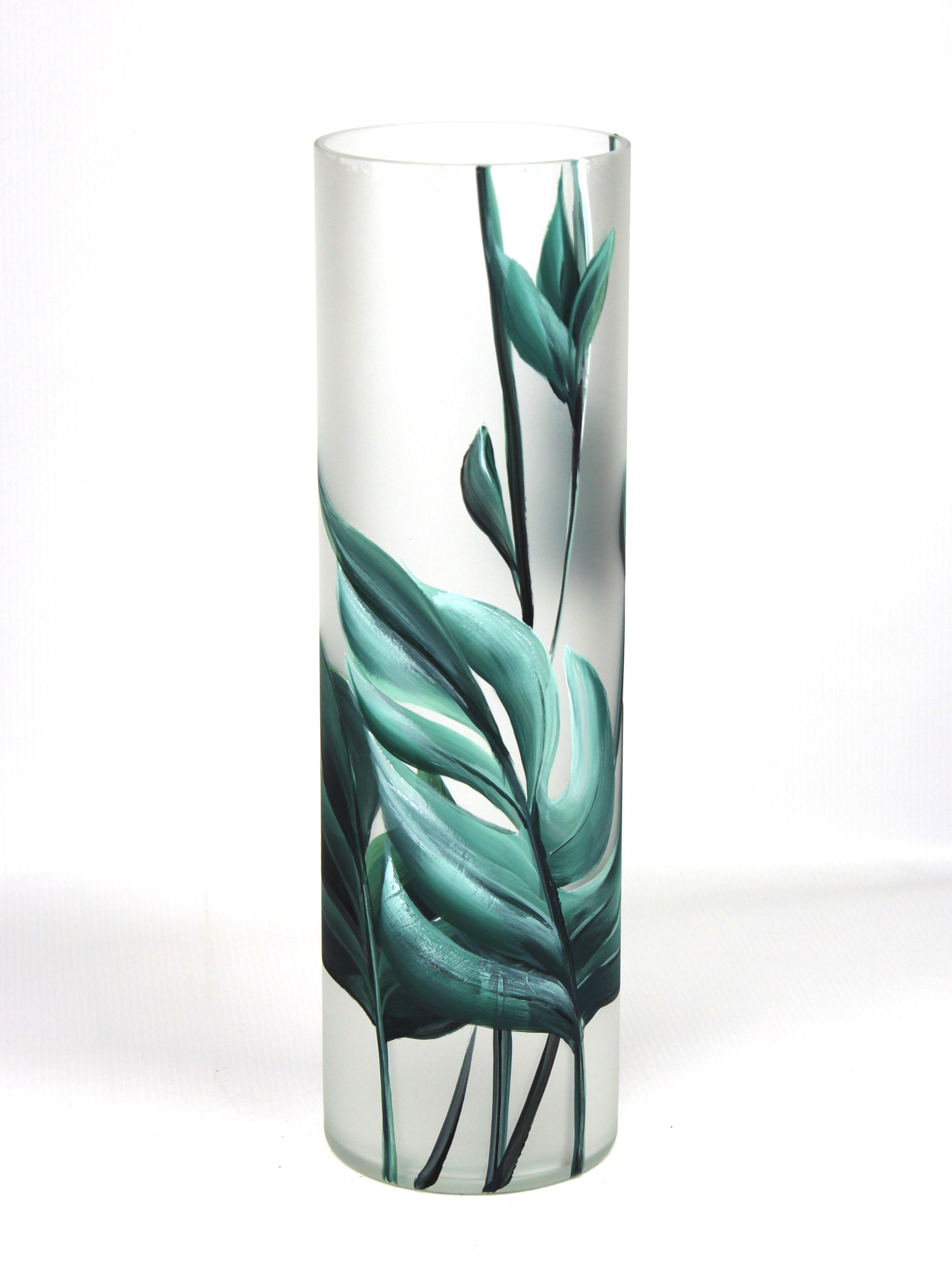 A beautifully hand-painted floor green decorative glass vase featuring intricate nature-inspired designs, showcasing vibrant colors and unique patterns.