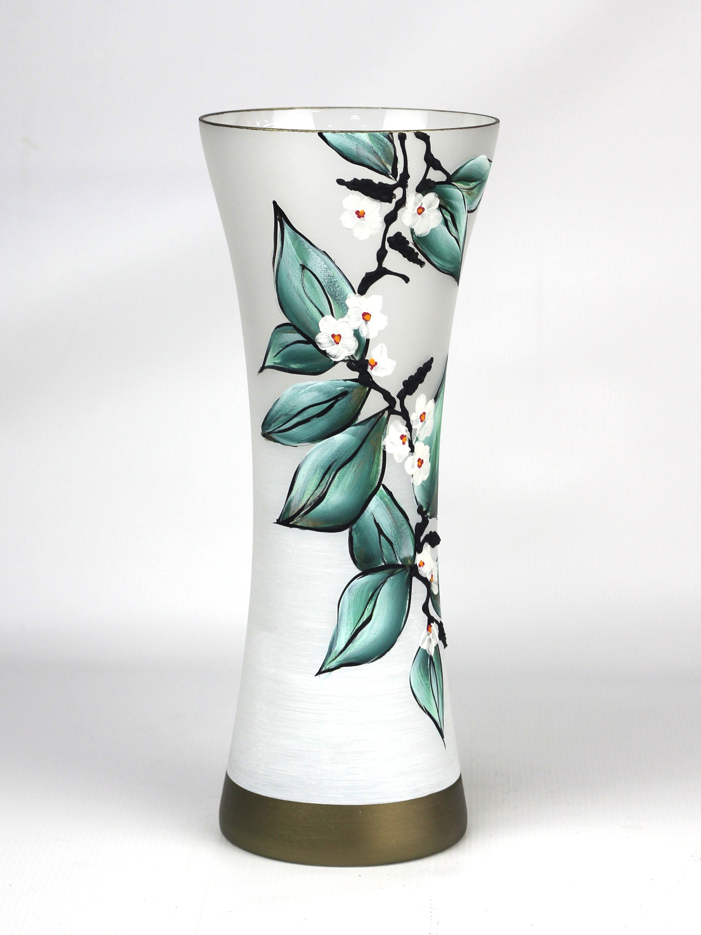 A beautifully hand-painted green glass vase with intricate designs, showcasing unique artistry and high-quality craftsmanship.