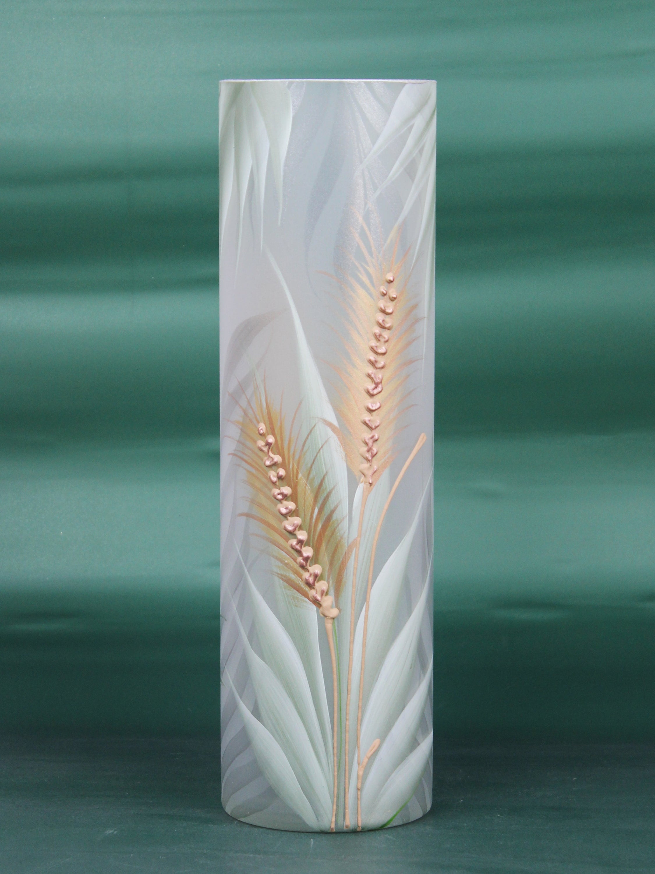 A beautifully hand-painted light green decorative glass vase with unique artistic designs, showcasing its elegant shape and intricate patterns.