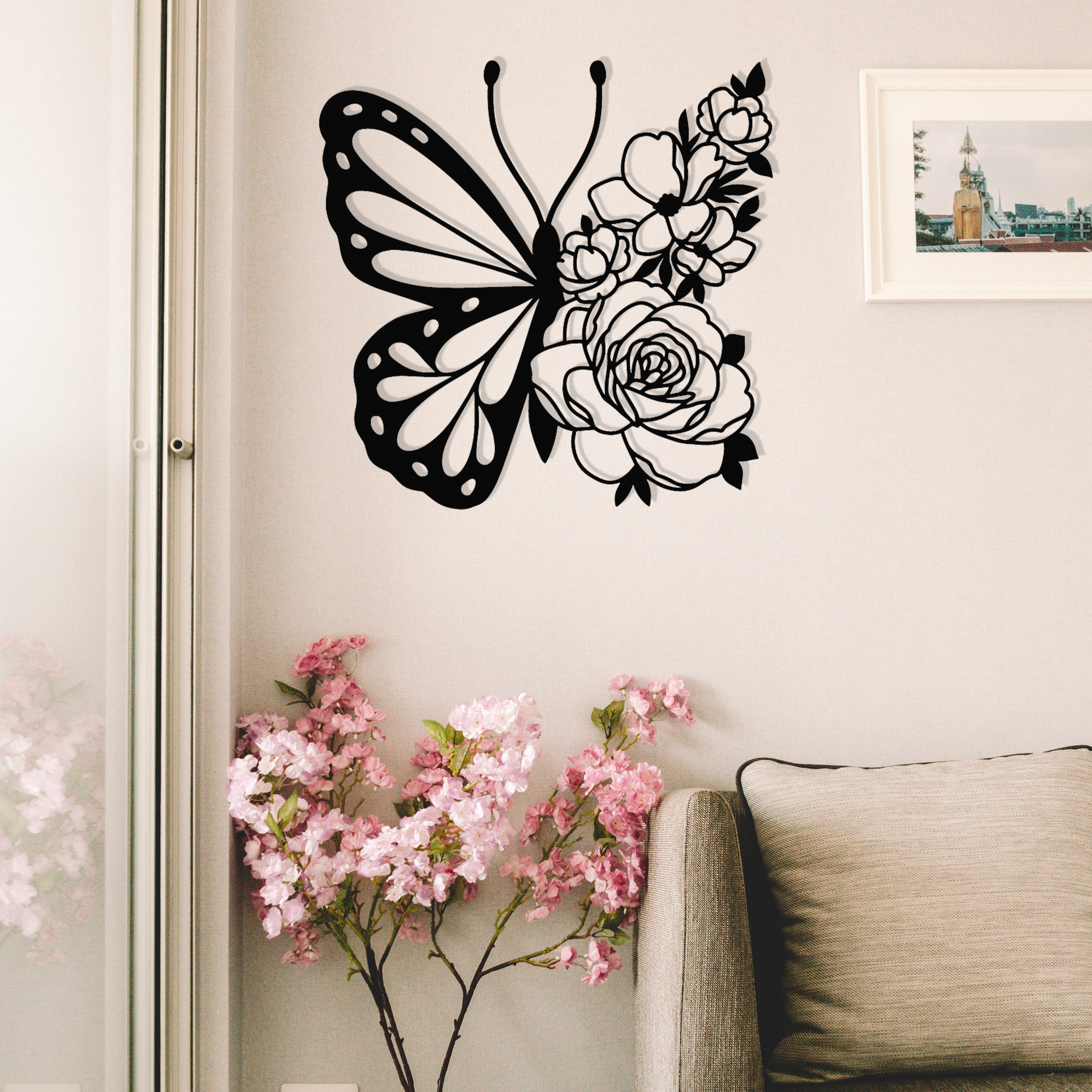 Floral Butterfly metal wall art featuring intricate design and vibrant colors, crafted from high-quality steel.