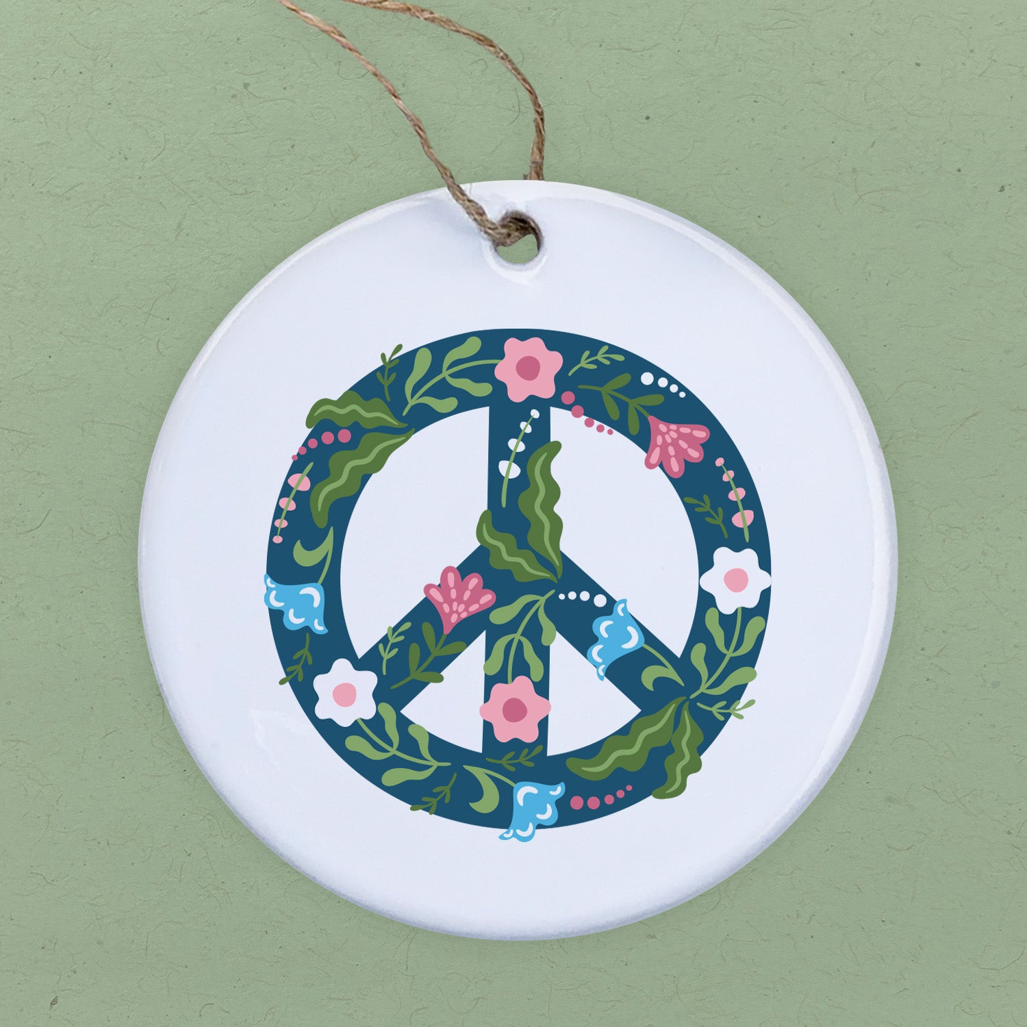 Floral Peace Sign ornament made of high-quality porcelain with a vibrant design, perfect for home decor or gifting.