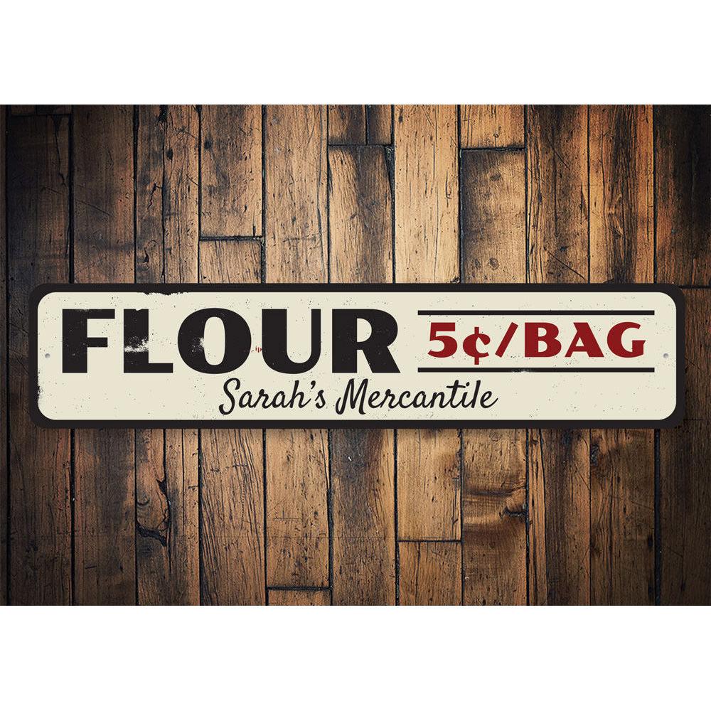 Flour 5 Cents Per Bag Sign made of aluminum, featuring vintage design suitable for bakeries and cafes.