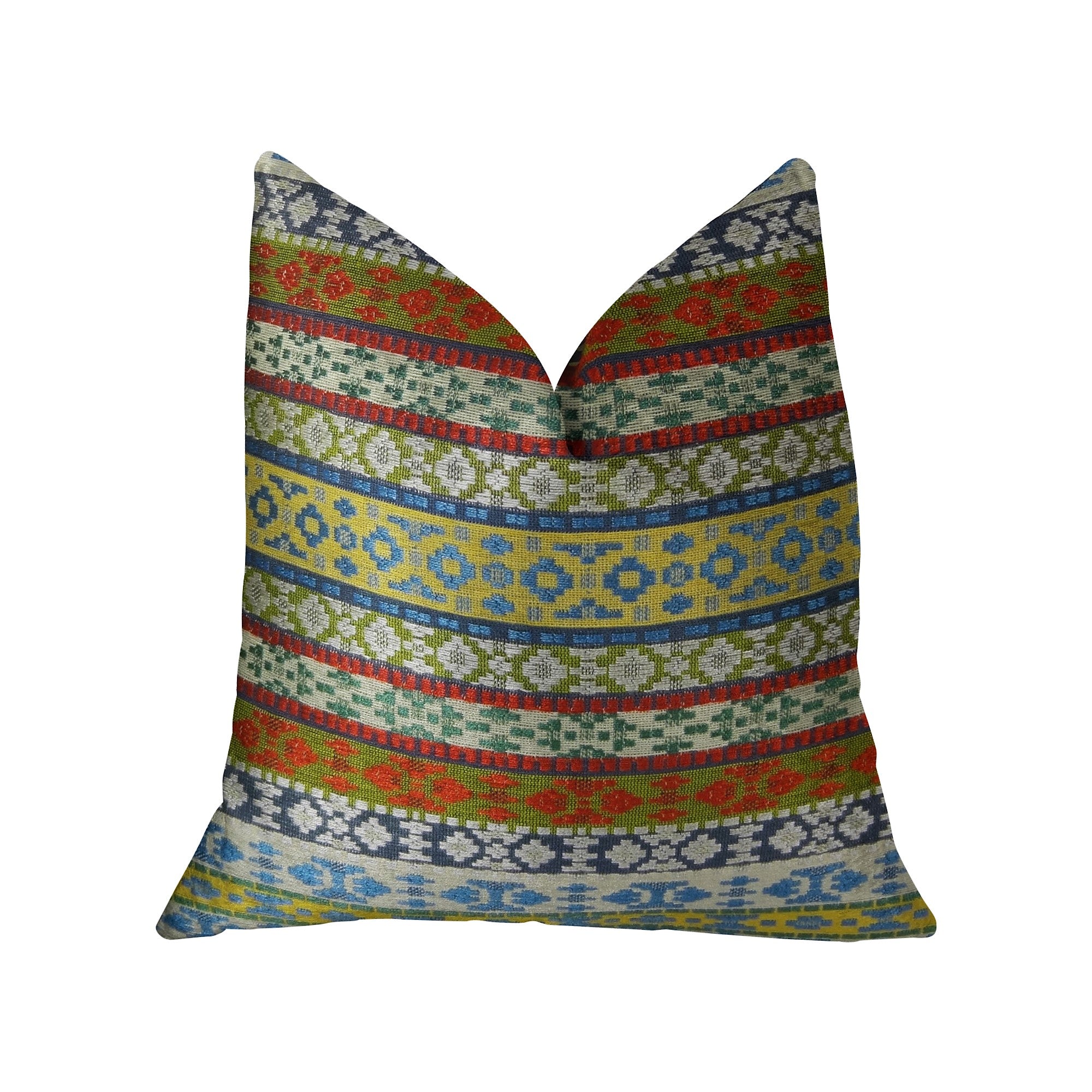 Flower Child luxury pillow featuring a white, blue, and red striped design, handmade in the USA with a soft fabric blend.