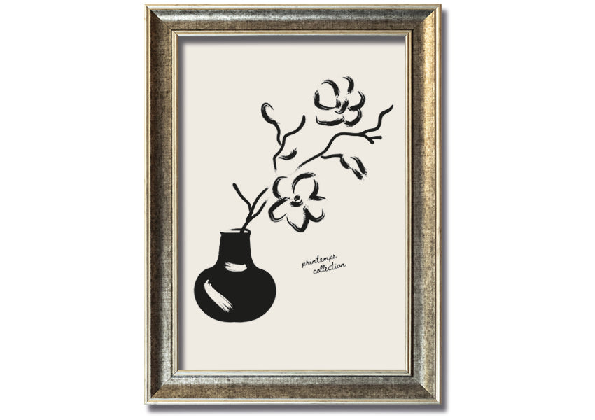 A beautifully framed print of a flower in a pot, showcasing vibrant colors and intricate details, ready to hang on a wall.