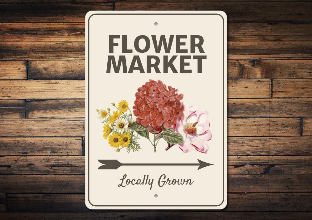 Flower Market Arrow Sign made of high-quality aluminum, featuring a decorative design perfect for home decor.