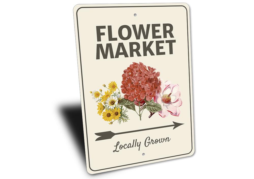 Flower Market Arrow Sign made of high-quality aluminum, featuring a decorative design perfect for home decor.
