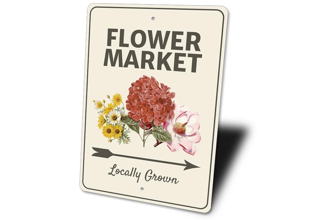 Flower Market Arrow Sign made of high-quality aluminum, featuring a decorative design perfect for home decor.