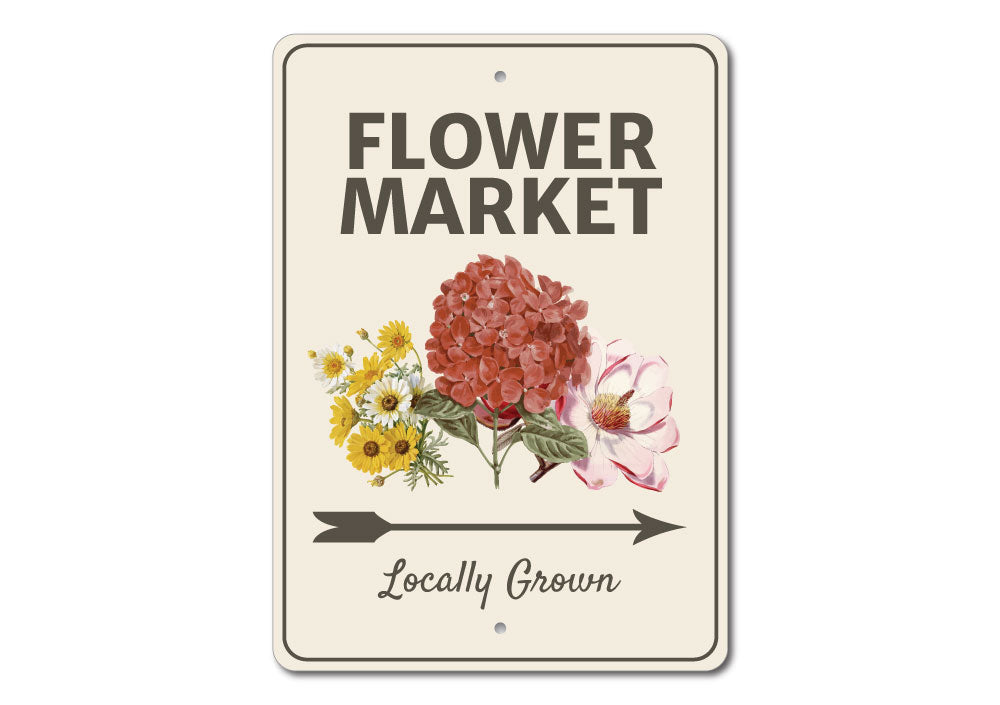 Flower Market Arrow Sign made of high-quality aluminum, featuring a decorative design perfect for home decor.