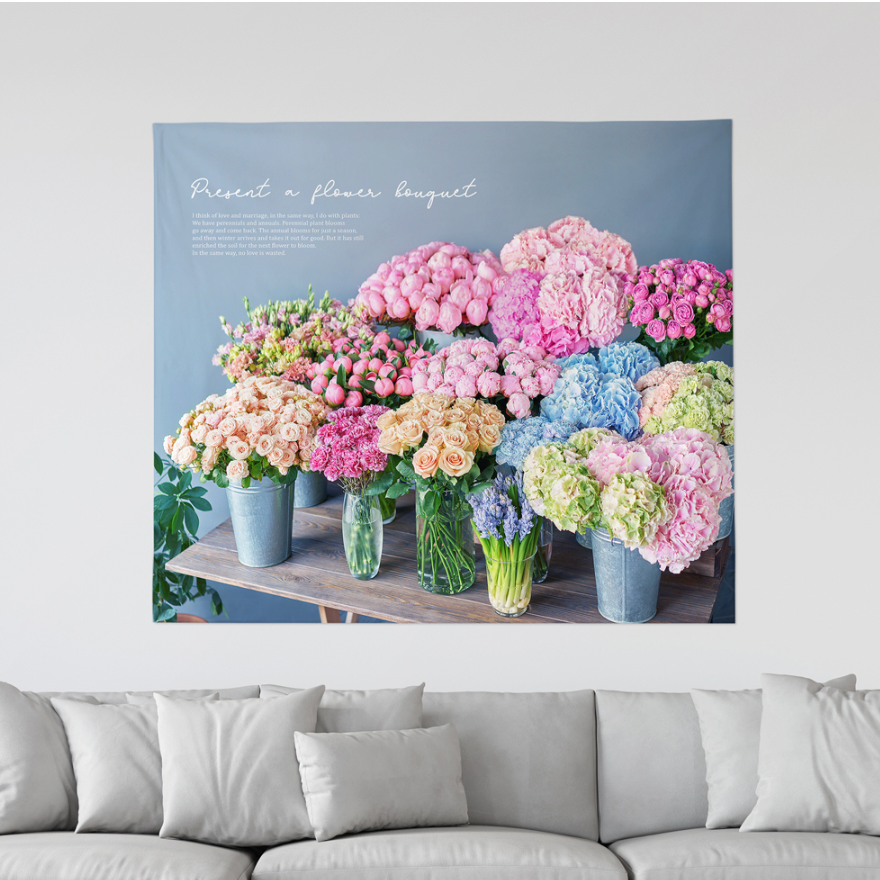 Flower Therapy fabric poster measuring 150cm x 130cm with a modern floral design, perfect for home decoration.