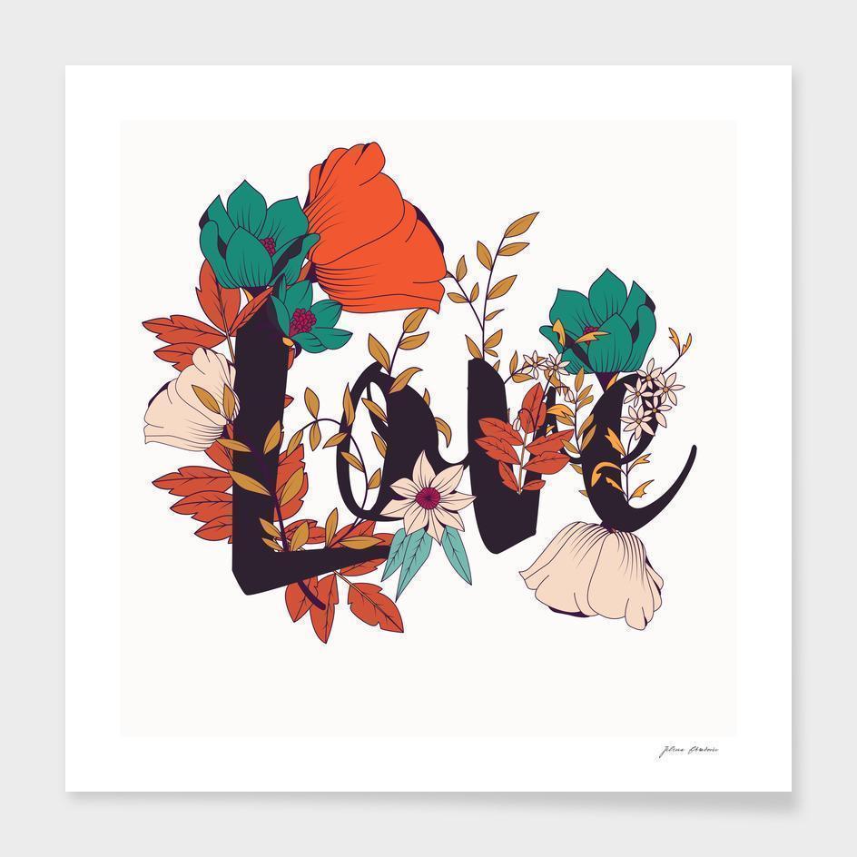 Flower Typography Love Frame made of solid wood with a contemporary design, featuring shatterproof acrylic and a smooth gesso finish.