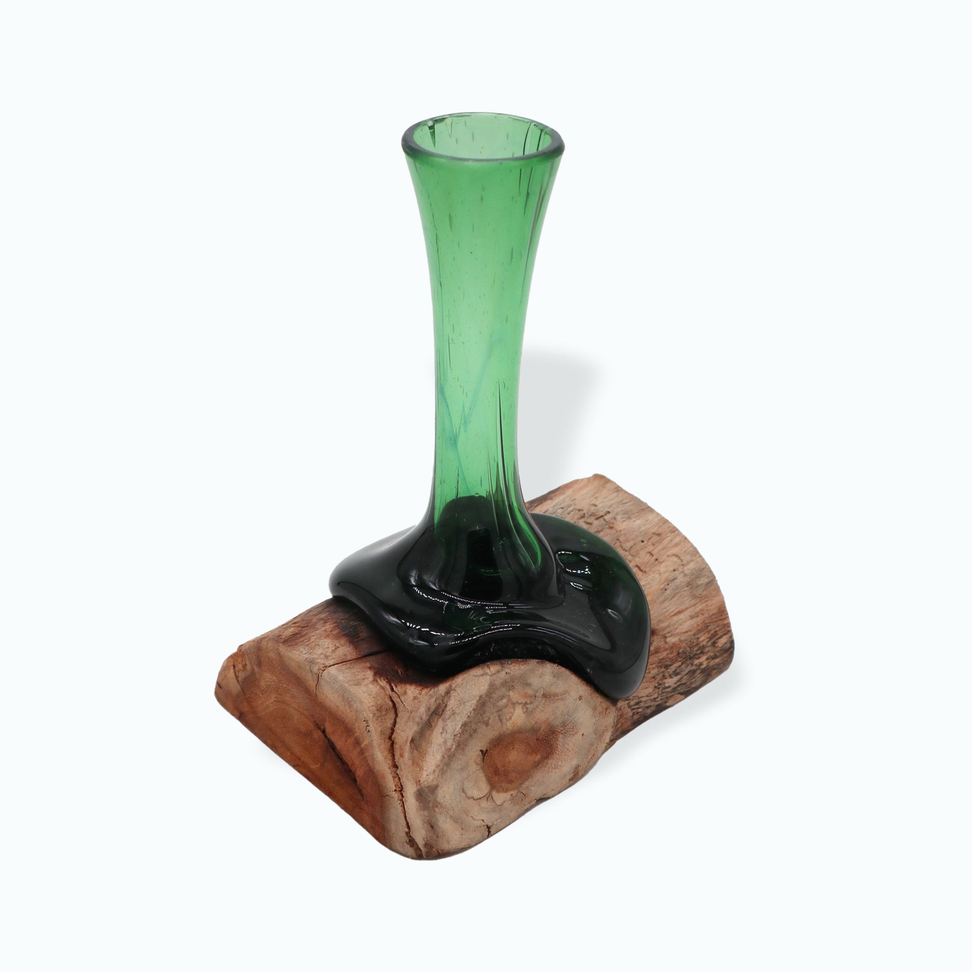 A beautiful Flower Vase on Wood made from recycled materials, featuring a ceramic body and a natural wood base, ideal for fresh flower arrangements.
