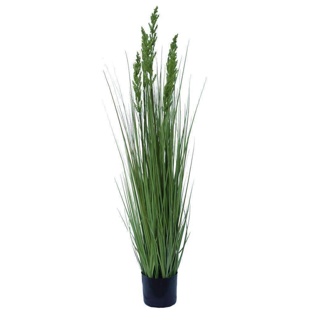 A tall 120cm artificial flowering native grass in a decorative pot, showcasing vibrant green blades and lifelike details, perfect for home decor.