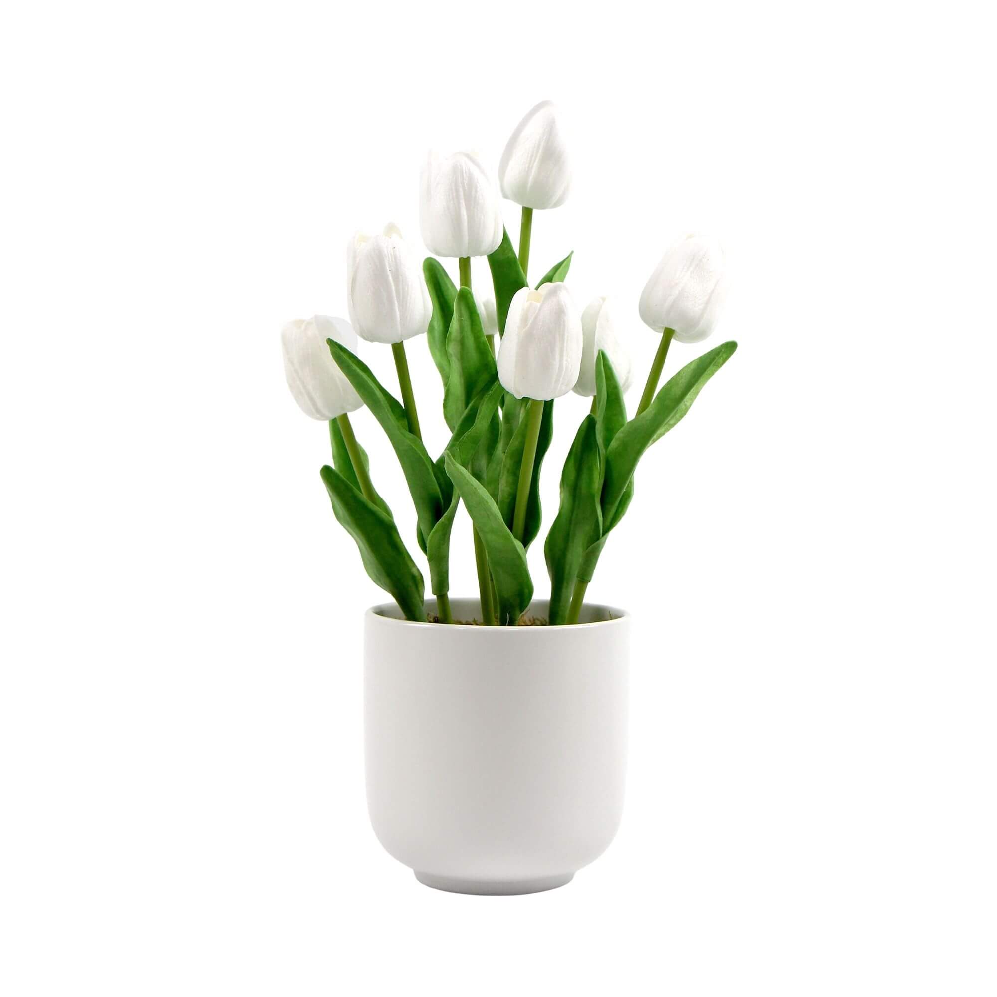 A beautiful arrangement of white artificial tulips in a modern ceramic bowl, showcasing vibrant blooms and lush green foliage.
