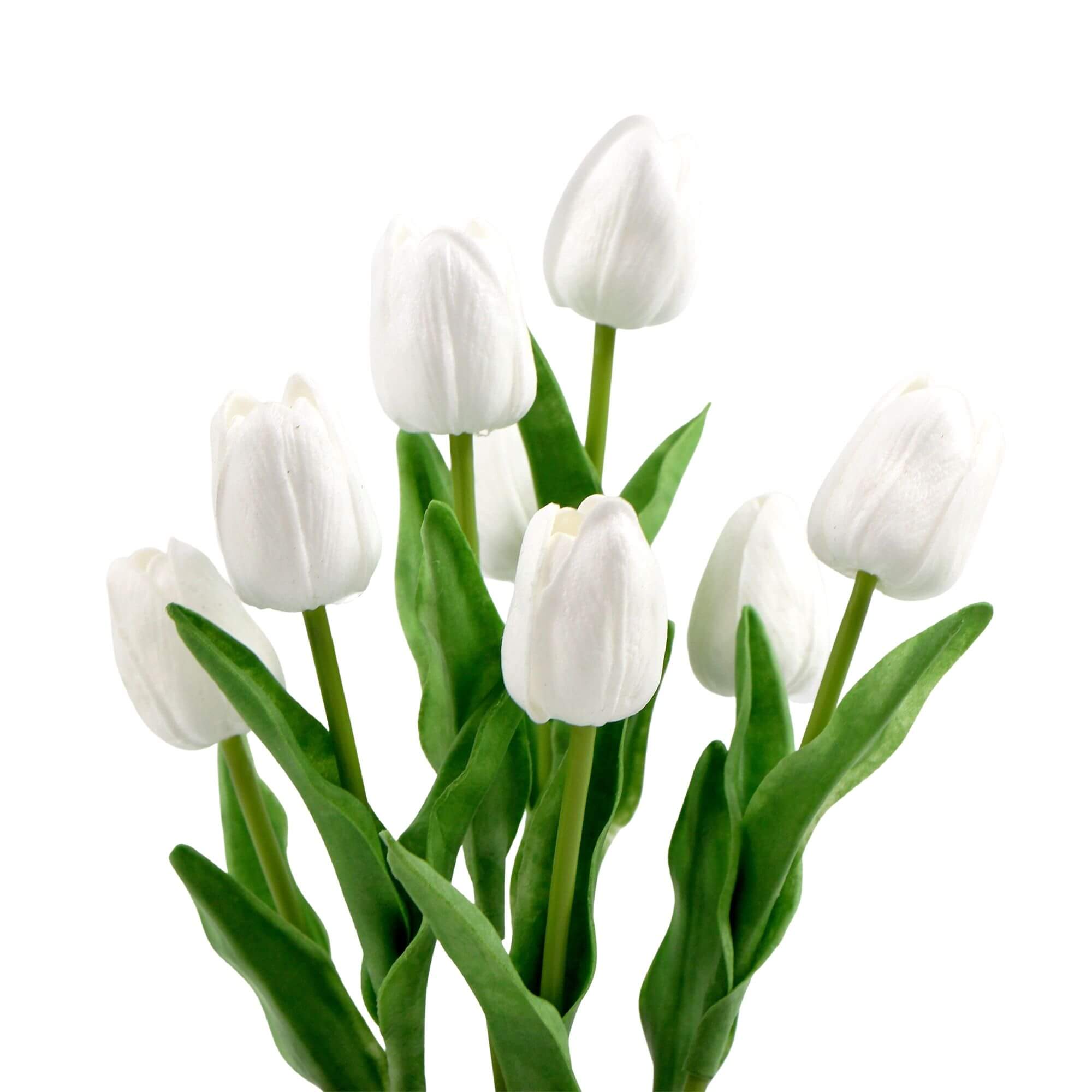 A beautiful arrangement of white artificial tulips in a modern ceramic bowl, showcasing vibrant blooms and lush green foliage.