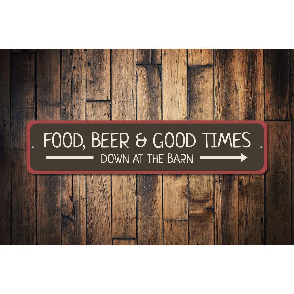 Food Down at the Barn Sign made of high-quality aluminum, featuring rustic design elements suitable for home decor.