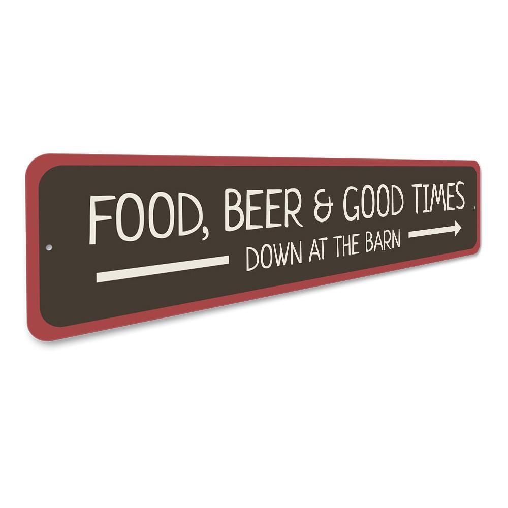 Food Down at the Barn Sign made of high-quality aluminum, featuring rustic design elements suitable for home decor.