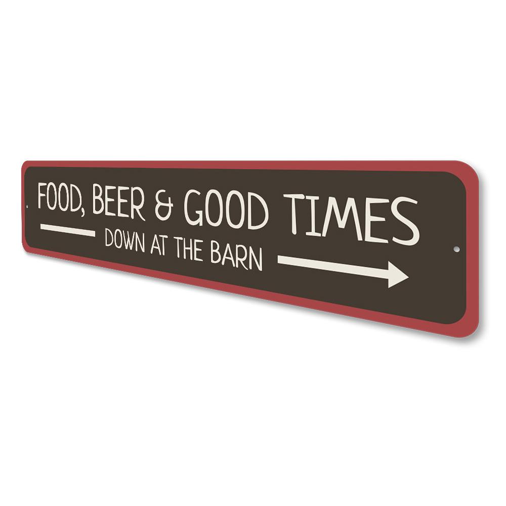 Food Down at the Barn Sign made of high-quality aluminum, featuring rustic design elements suitable for home decor.